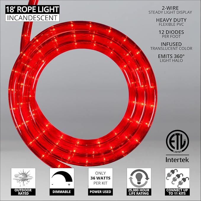 Wintergreen Lighting 18' 216-Bulb Incandescent Commercial Grade Rope Light Kit – Light Rope Outdoor, Christmas Light – Includes Clips, 120V, ½ Inch, Red