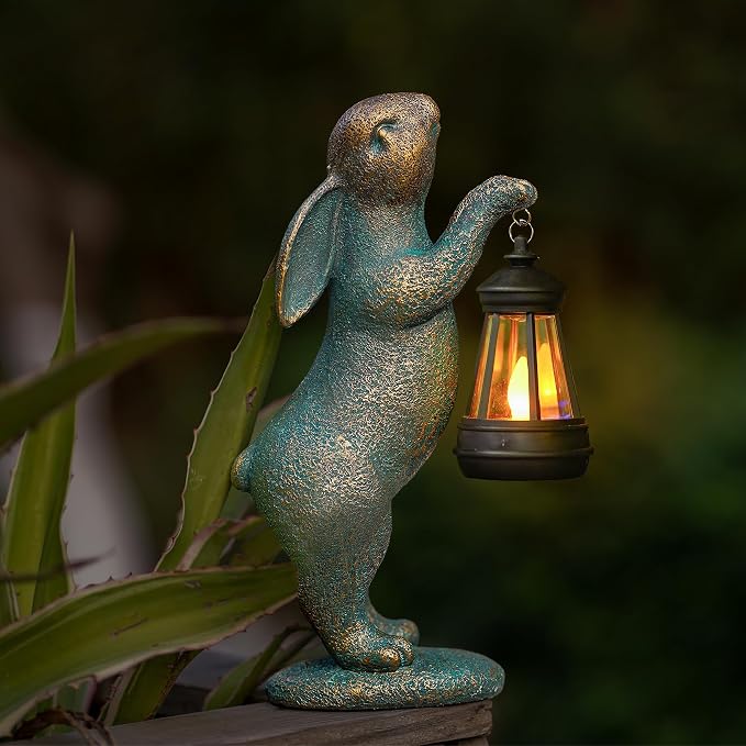 MININOVA Garden Statues Rabbit with Solar Lantern Resin Outdoor Bunny Figurines Decorations for Patio Yard Lawn Ornaments Gifts for Mother's Day Birthday Housewarming