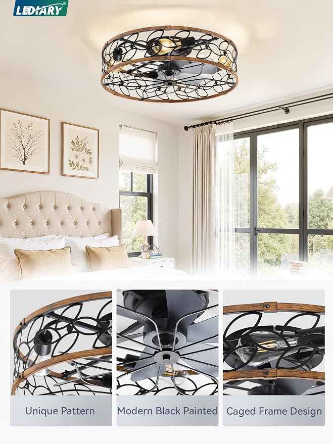 LEDIARY 23" Caged Ceiling Fan with Light, Flush Mount Fandalier with Remote | Low Profile, Farmhouse Large, Bladeless Industrial, Quiet DC Motor, App Control for Bedroom, Kitchen, Dining Room, Walnut