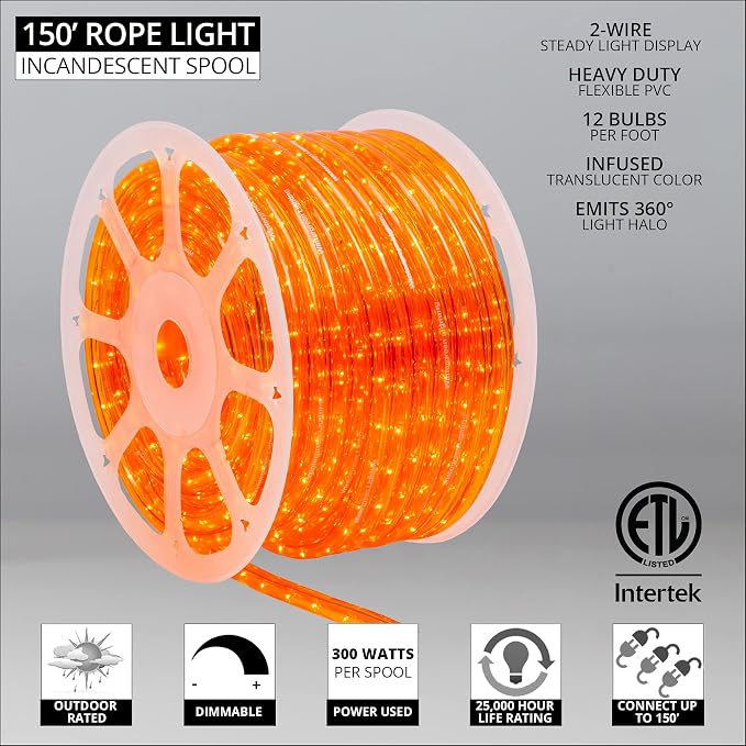 Wintergreen Lighting 150' 1800-Bulb Heavy Duty Incandescent Orange Rope Light Kit – Halloween Lights Outdoor – Accessories Included, 120V, ½ Inch, 2-Wire
