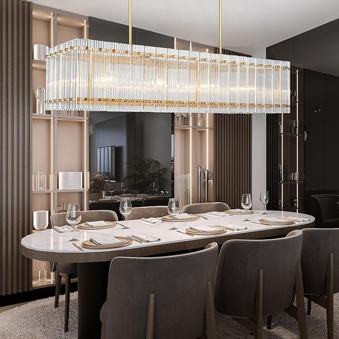 IKK Modern Rectangle Gold Chandeliers for Dining Room, 40" Ribbed Glass Island Light Fixture, Linear Farmhouse Lighting with Adjustable Height for Kitchen Island, Living Room