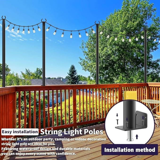 AHRLHR 6 Pack 5 Ft String Light Poles, String Light Poles for Outside with Fixing Clips,Metal Poles for Outdoor String Lights, Hanging Light Poles for Deck Fence Garden Backyard Wall Bistro