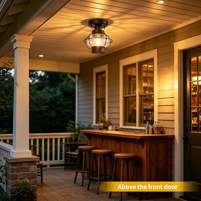 Porch Ceiling Light, Farmhouse Industrial Flush Mount, Glass Globe E26 | Indoor & Outdoor Use. For Hallway, Bedroom, Balcony, Stairway. Metal Build. Hardware Included. Easy Install.