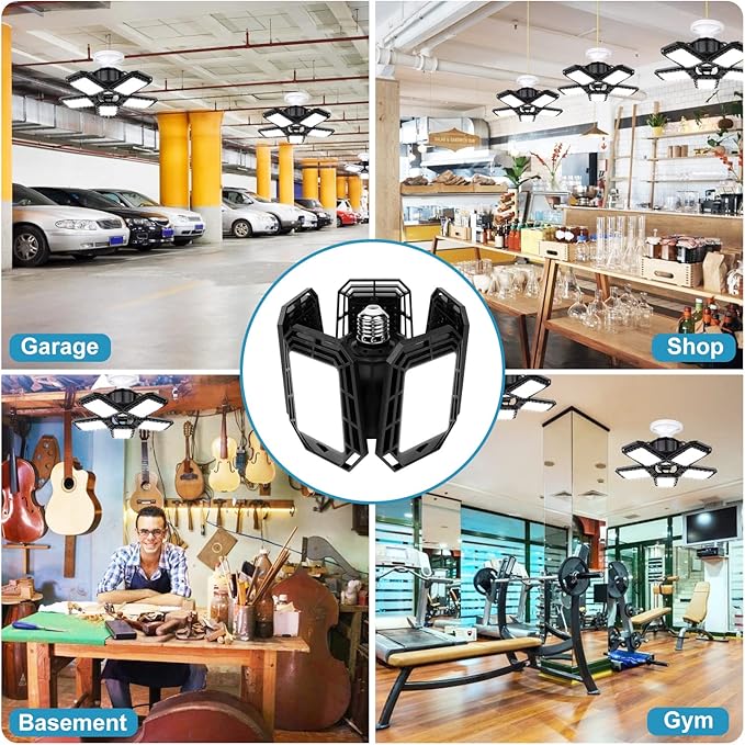 LED Garage Lights 2 Pack,Ceiling LED Shop Light 160W 16000LM 6500K Screw in Led Light with 5+1 Deformable Panels, Bright Led Lighting for Garage Workshop Basement Support E26/E27 Socket