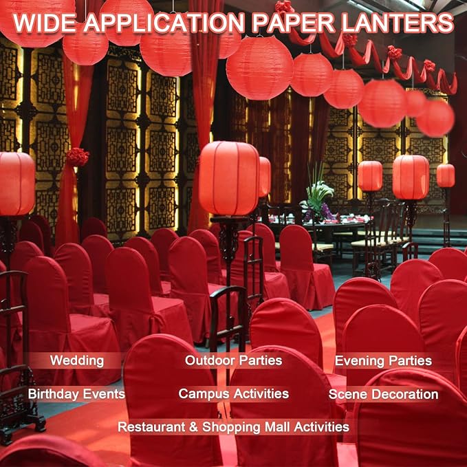LIHAO 20 Pack Red Paper Lanterns, 4 Assorted Sizes Round Hanging Decor | Chinese New Year, Lunar New Year, Red Chinese Lantern, Wedding or Birthday Party, Metal Frames Included