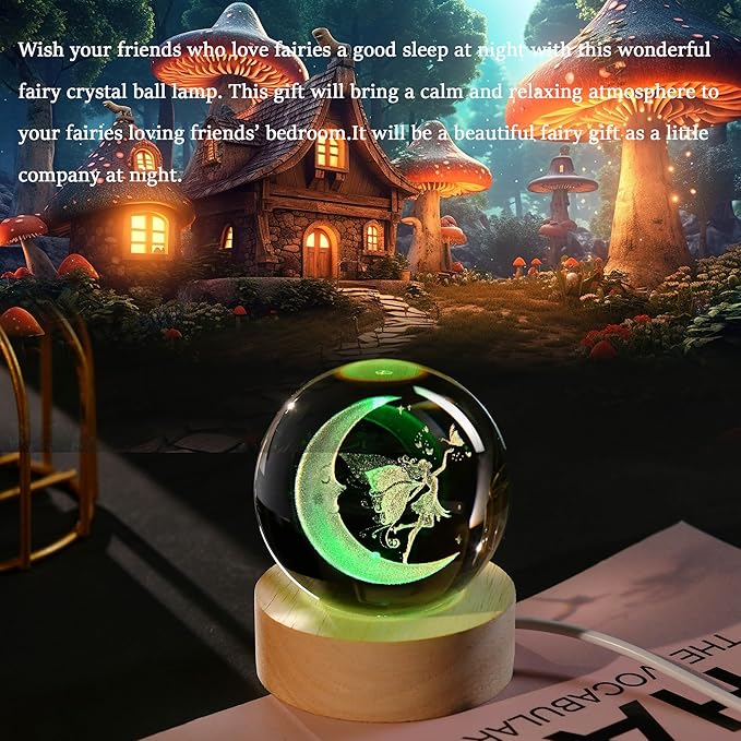 IFOLAINA Moon Fairy Crystal Ball Fairy Gifts for Girls Her Fairy Lovers Birthday Gifts for Daughters 3D Crystal Fairy Sphere Lamp Decorative Fairy Figurine Home Decor