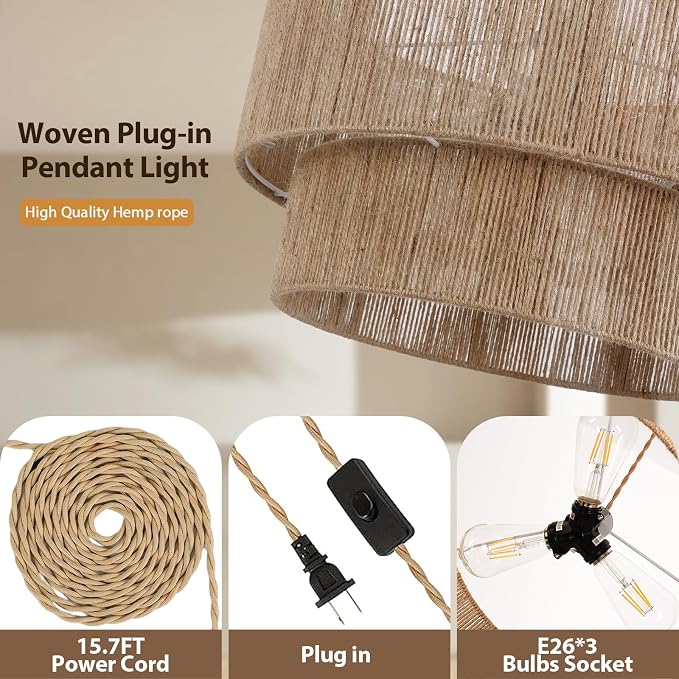 18” Plug in Pendant Light, Hanging Light Fixture with Hemp Rope Lampsahde, Handwoven 2 Tier Drum Boho Plug in Chandelier for Dinning Room, Bedroom and Living Room
