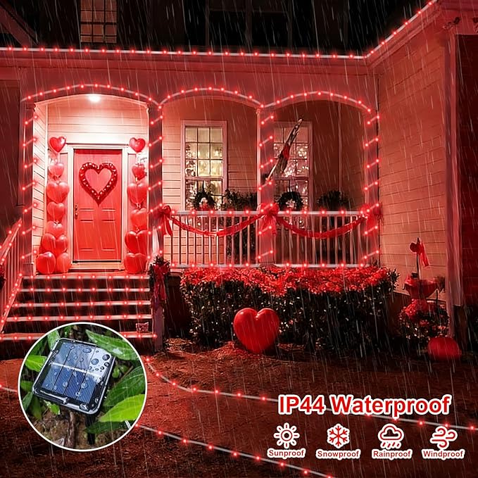 QITONG Red Solar Rope Lights Outdoor, 2 Pack Each 33ft 100 LED String Light, 8 Modes Fairy Lights in Clear Thin Tube with 8 Modes