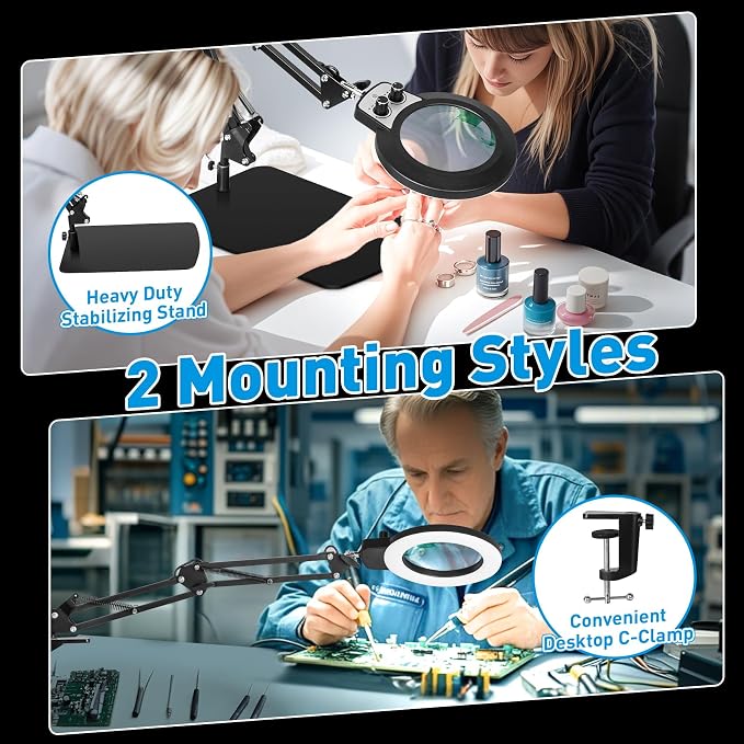 KIRKAS 12X Magnifying Glass with Light and Stand, Overhead Knob 2 in 1 | Lighted Magnifier Lamp for Workbench, Craft, Sewing, Repair, Real Glass Lens Stepless Dimming and Color (11.8IN Base & Clamp)