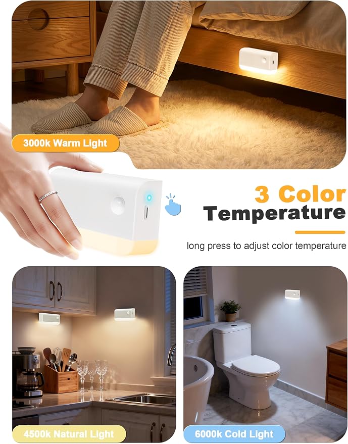 Motion Sensor Stair Lights Indoor, 3 Pack Rechargeable Wireless Step Lights with 3 Color Temperatures, 1200mAh Battery, Magnetic Base for Hallway, Closet, Bathroom, White