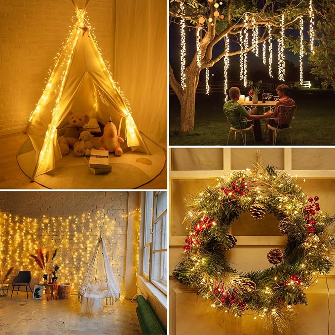 Minetom Fairy Lights Plug in, String Lights for Christmas Decorations | 10FT 200LEDs, 2 Pack, Warm White, Waterproof Starry Firecracker Lights for Bedroom Ceiling Wreath Window Wedding Decorations
