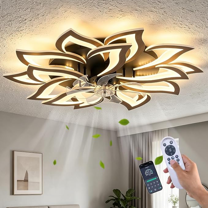Dalouguan 35" Wood Modern Ceiling Fan with Lights Remote Control, 6 Speeds 3 Light Color Low Profile Flush Mount Ceiling Fan for Kitchen Bedroom Living Room