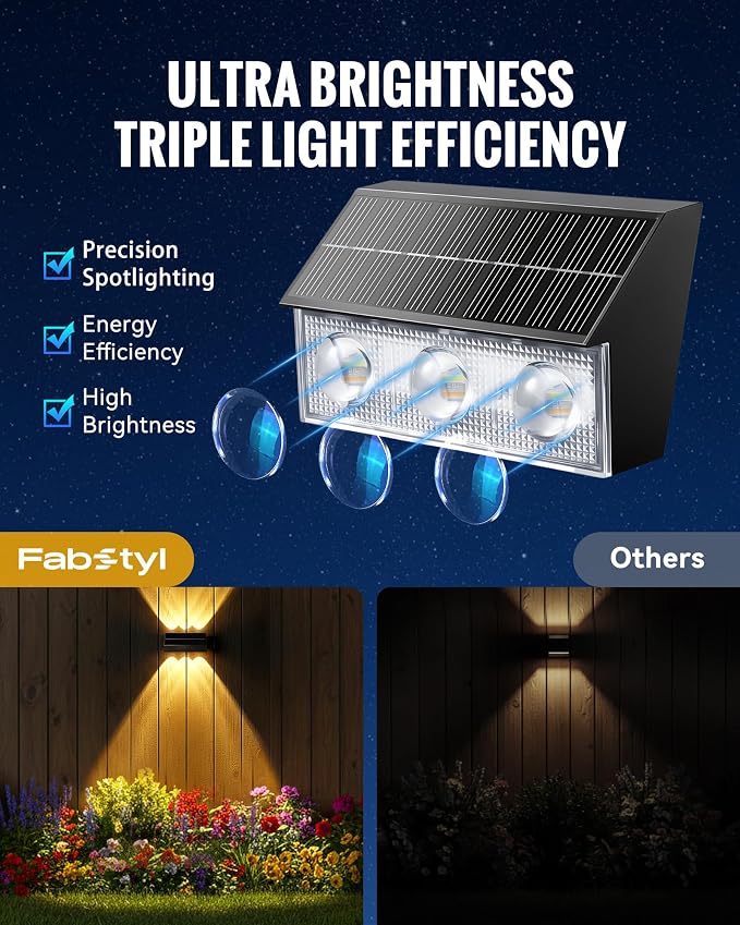 Solar Fence Lights Outdoor Waterproof 12 Pack, 3 Modes 3000K/4500K/6000K | 6 LEDs Up and Down Fence Lights Solar Powered for Outside, Deck Lighting for for Backyard/Garden/Patio/Garage Wall Decor