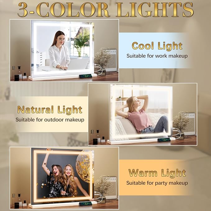 ROLOVE 23x18 Inch Makeup Mirror with Lights, Detachable Magnifier | LED Vanity Mirror, 3 Color Modes, Stepless Dimming, Touch Control, Plug-In Power, Horizontal Wall Mount or Tabletop Use