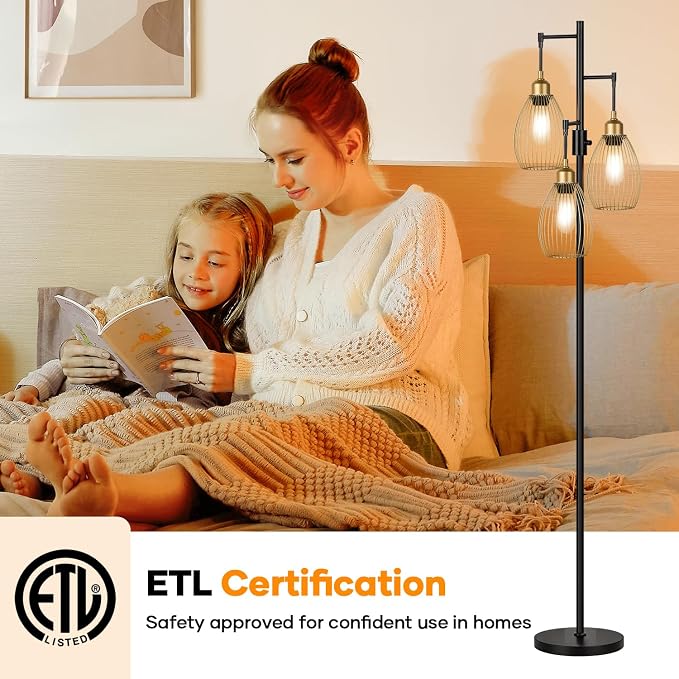 Dimmable Floor Lamp,3x800LM LED Bulbs Included, Farmhouse Industrial Floor Lamp Standing Tree Lamp with Teardrop Cage Head Tall Lamp for Living Room Bedroom Office Dining Room - Black Gold Edge