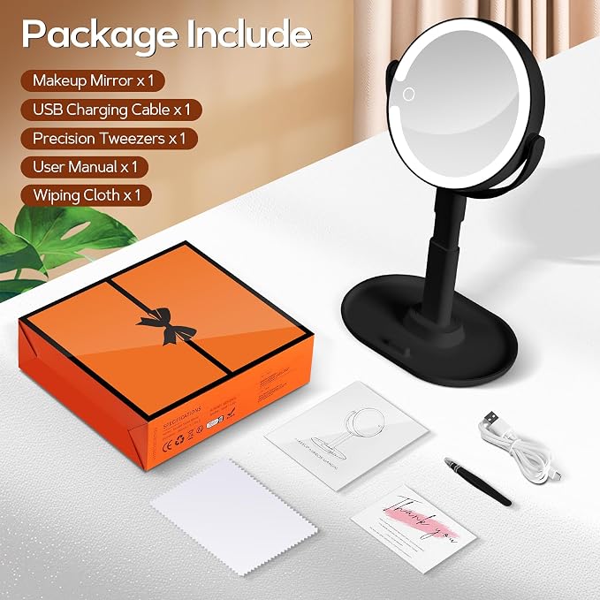 Makeup Mirror with Lights, Lighted Magnifying Mirror 30X with 3 Lighting and Adjustable Brightness, 2-Sided Height Adjustable Vanity Mirror for Bathroom, Gifts for Women Black