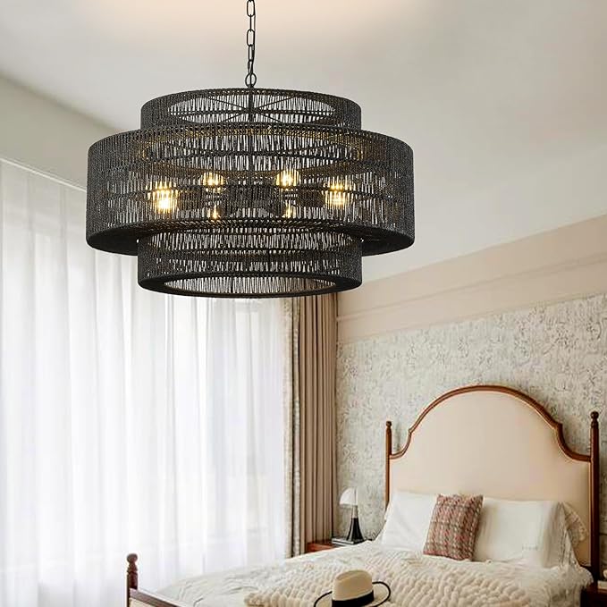 31.5"Large Boho Rattan Farmhouse Chandeliers for Dining Room,8-Light Rattan Hand-Woven Rustic Drum Chandelier Pendant Light Fixture for Kitchen Island Bedroom Living Room Entryway Foyer(Black)