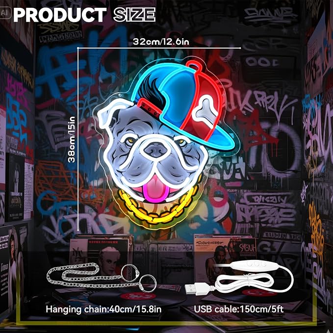 Hip-Hop French Bulldog Neon Sign, Bull Dog Led Sign for Wall Decor, Usb Powered Adjustable Brightness Led Light for Bedroom Bar Pub Game Room Party Man Cave Decor, Unique Gift