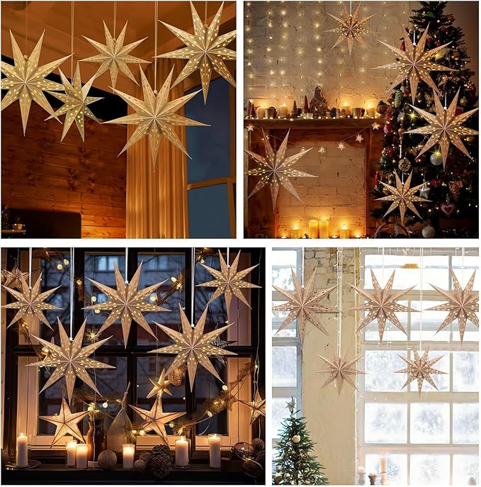 5-Piece 3D Paper Lantern - 24 inch Hollow Star Lamps - Xmas, Wedding, Birthday Multicolor Pack (9 Pointed Stars, Light Khaki)