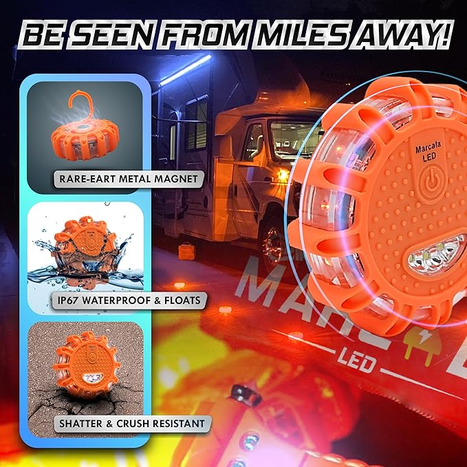 Marcala LED Road Flares 1-Pack | DOT Compliant LED Road Flares Car Emergency Kit | Emergency Flares w/Batteries Installed | Emergency Roadside Lights | 9 Flashing Modes to Get Noticed a Mile Away!