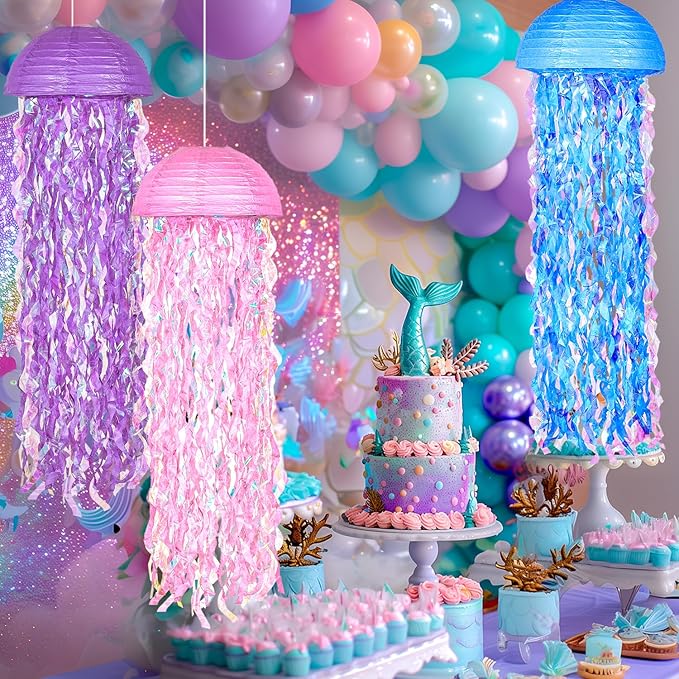 10" Mermaid Jellyfish Lanterns – Pink Purple Blue Decorations for Ocean Princess Birthday Party, Under the Sea Theme, Baby Shower, Ocean & Beach Room Hanging Decor (Set of 6)