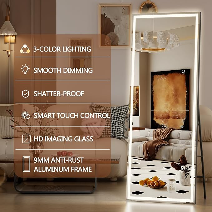Hasipu Full Length Mirror with Lights, 67" x 20" LED Lighted Floor Standing, Full Body Dressing Hanging Mounted Mirror, Tempered Glass, Square Black