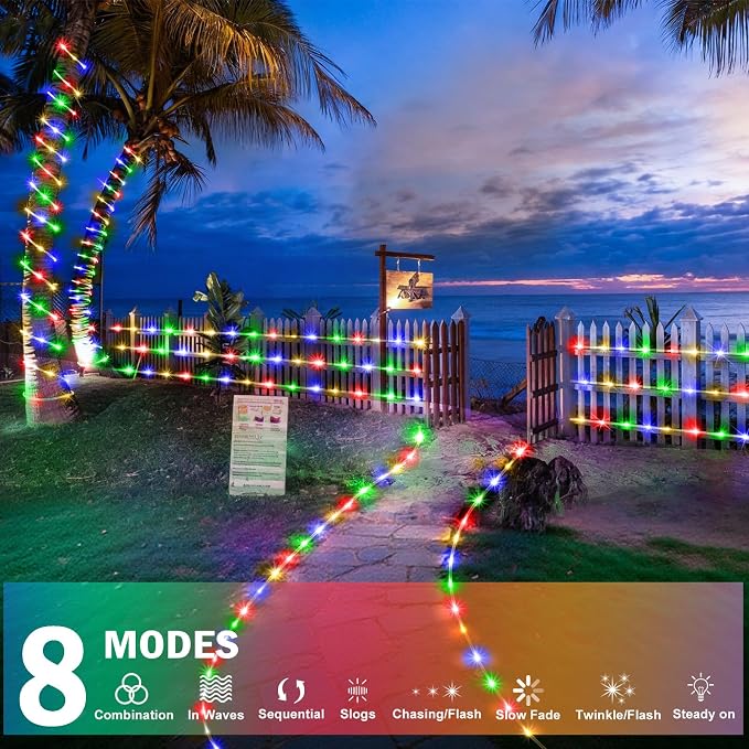 KNONEW Solar Rope Lights Outdoor 2 Packs Total 600LED 100FT Solar String Light Outside Waterproof with 8 Modes Clear Thin Tube for Pool Patio Garden Fence Camping Yard Deck Trampoline（Multicolor）
