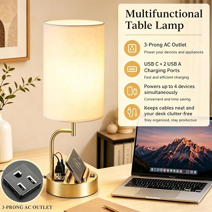 Dreamholder 2 Pack Table Lamp, Bedside Lamp with 3 USB Charging Ports & AC Outlet, USB Desk Lamp with 2 Phone Holders, Linen Fabric Shade Nightstand Lamps for Bedroom Living Room Office, Gold