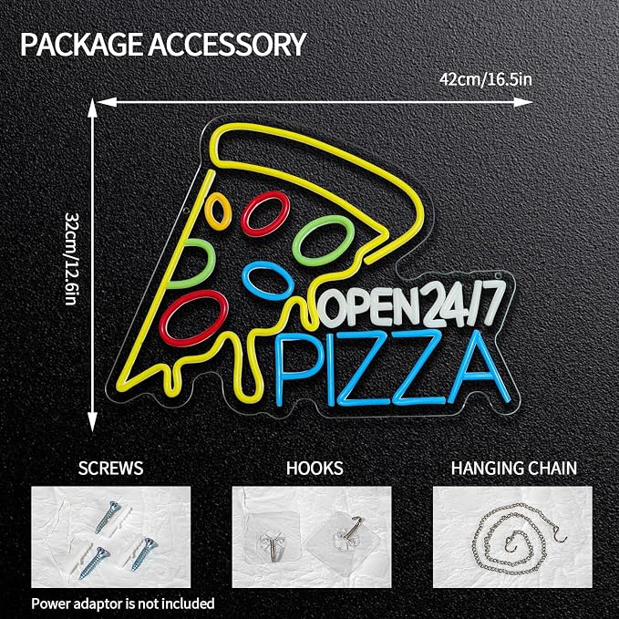 Pizza Open 24/7 Neon Sign Dimmable Food Neon Light Sign for Wall Decor Snacks Led Signs for Business Pizzeria Kitchen Restaurant Fast Food Store Dinning Room Bar Party Decor 16.5" x 12.6"