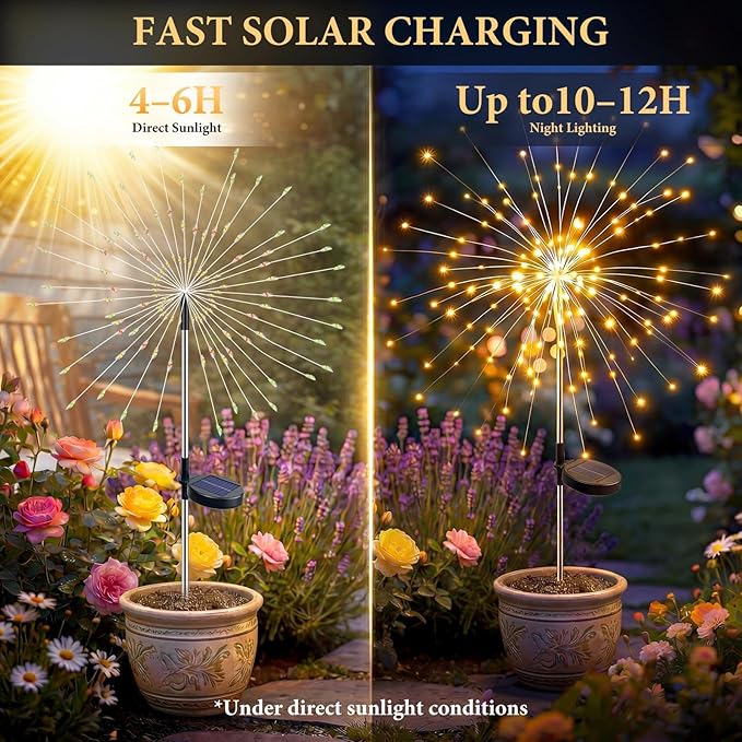 Solar Firework Lights Outdoor 2 Pack, 120LED Starburst Garden Lights Solar Powered with 8 Lighting Modes, Waterproof Decorative Lights for Flower Beds, Walkways, Small Garden & Patio Decor