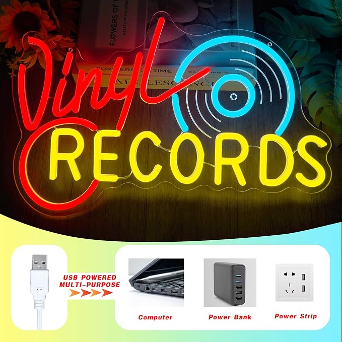 Neon Record Sign - Vintage Record Store Retro Light, Vinyl Record Decor LED Sign for Music Room, Home Studio & Man Cave, Retro Wall Art Gift for Audiophiles and Collectors(16.8 * 10.9inch)