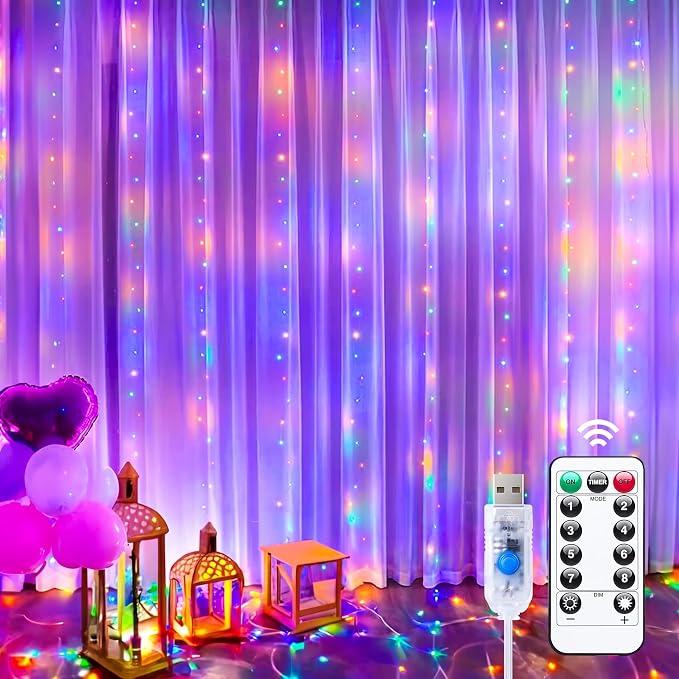Minetom Curtain Lights, 300 LED Dimmable Fairy Lights with Remote and Timer, 8 Modes, USB Powered String Lights for Room Wall Party Xmas Indoor Decor, Multicolor