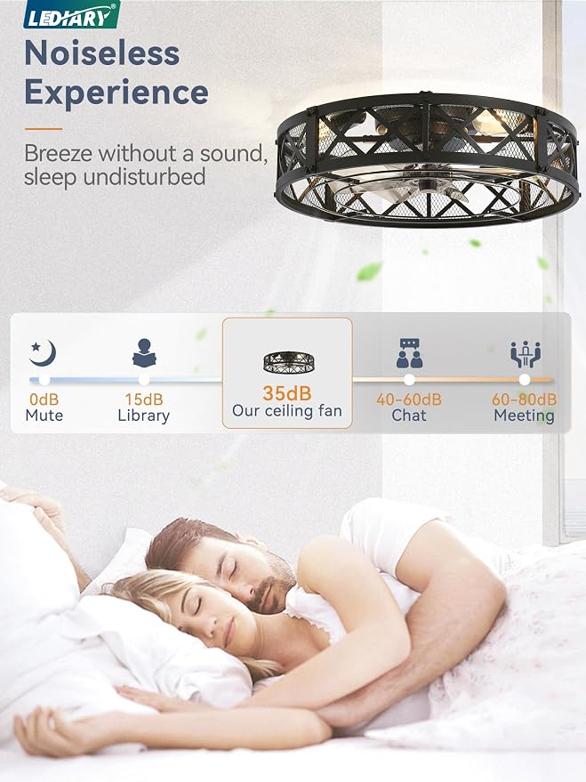 LEDIARY 23" Caged Farmhouse Ceiling Fan with Light, Flush Mount, Black | Remote&APP Control, Large Low Profile, Rustic Fandaliers, Industrial Bladeless Enclosed, Powerful Motor for Bedroom, Kitchen