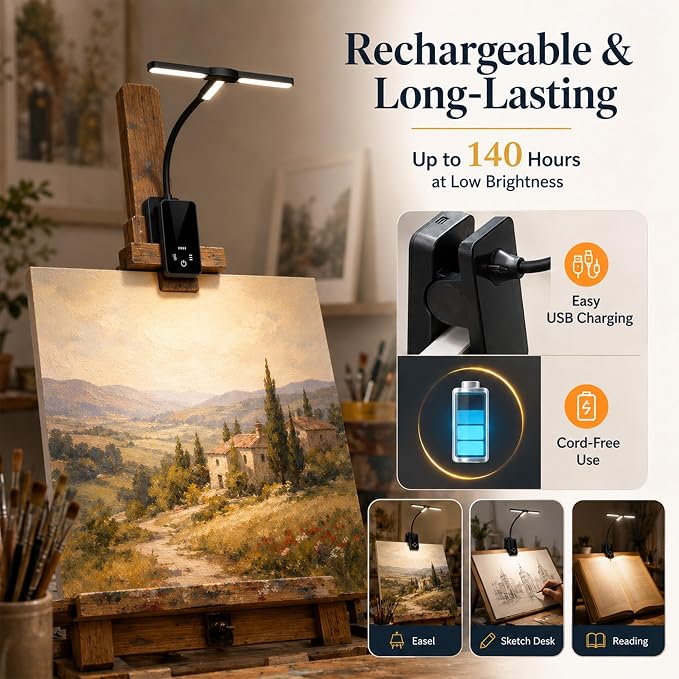 2 Pack Clip-On Easel Light, Rechargeable Artist Lamp for Painting | Flexible Arm Reading Light with 4 Color Modes & 3 Brightness, Music Stand Light, for Piano Bed Reading Desk Puzzle