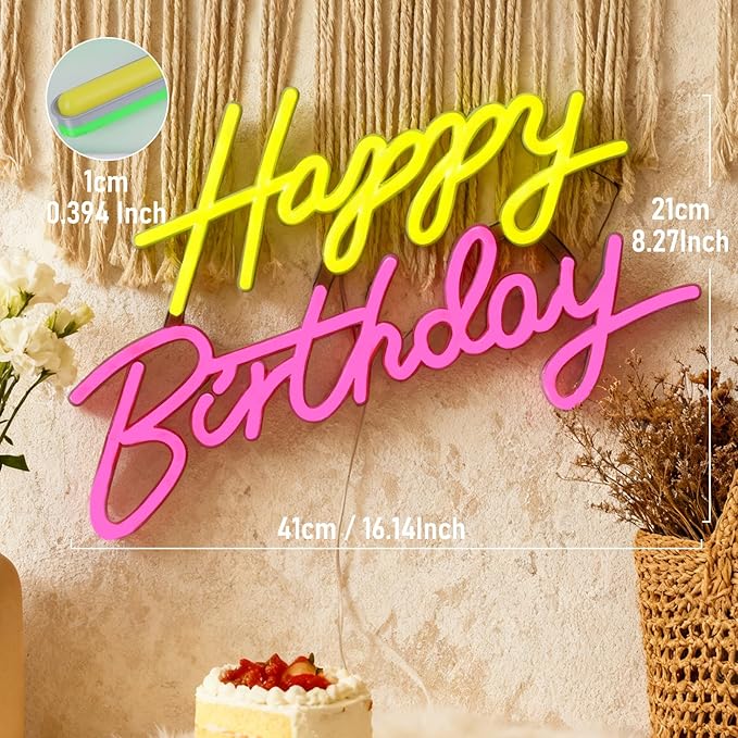 Happy Birthday Neon Sign, Neon Sign for Wall Decor, USB Powered Dimmable Neon Light, LED Happy Birthday Light Up Sign for Party, Perfect for Backdrop Birthday Party Decoration, Yellow and Pink