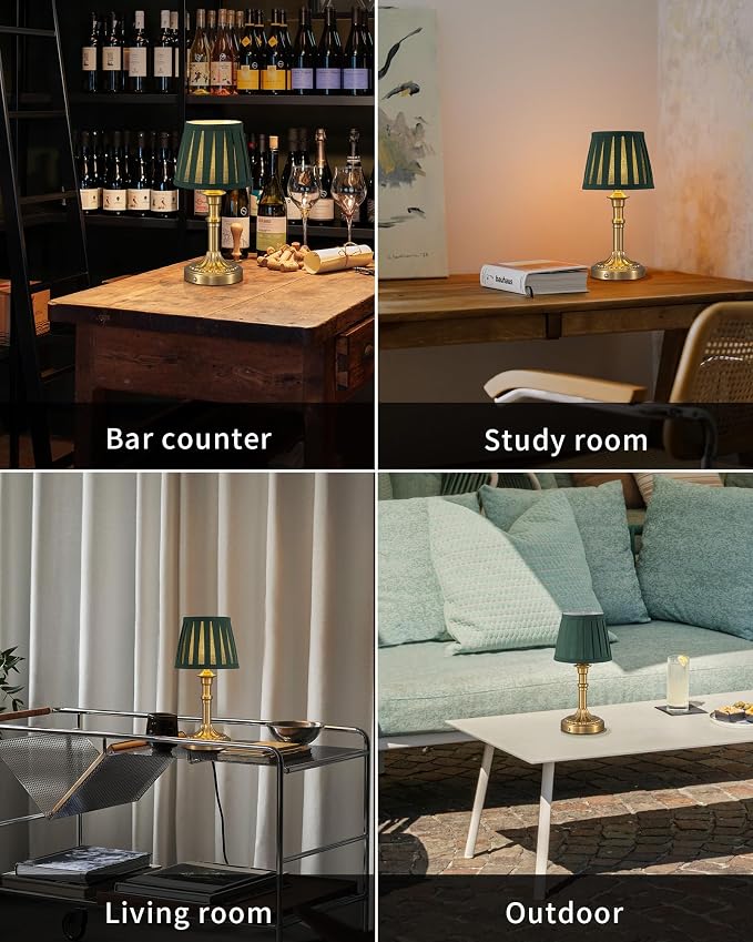 KDG Gold Cordless Table Lamps Set of 2, Green Fabric Shade Small Desk Lamp | Portables 4000mAh Battery Powered, LED Lighting, 2700K Stepless Dimmable, Light for Living Room, Dining Room, Bedroom