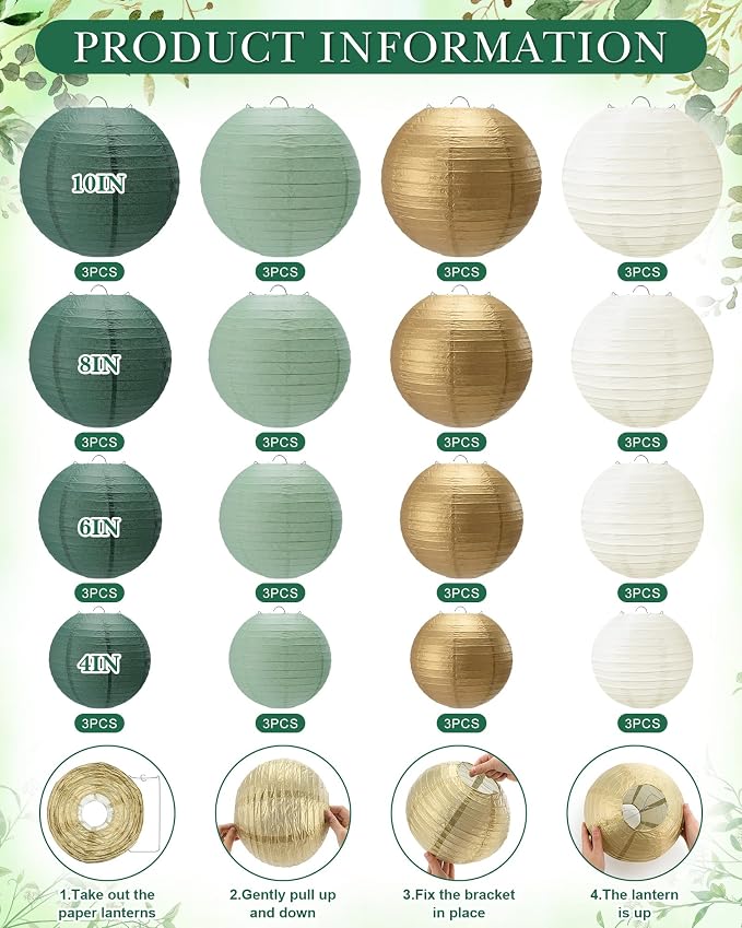 Treela 48 Pcs Paper Lanterns Party Decorations Round,Gradient Green | Chinese Hanging Lamps, Wedding, Party Supplies, Birthday Bridal, 4/6/8/10 Inch, Easy Setup, Asian Decor, Festive Atmosphere