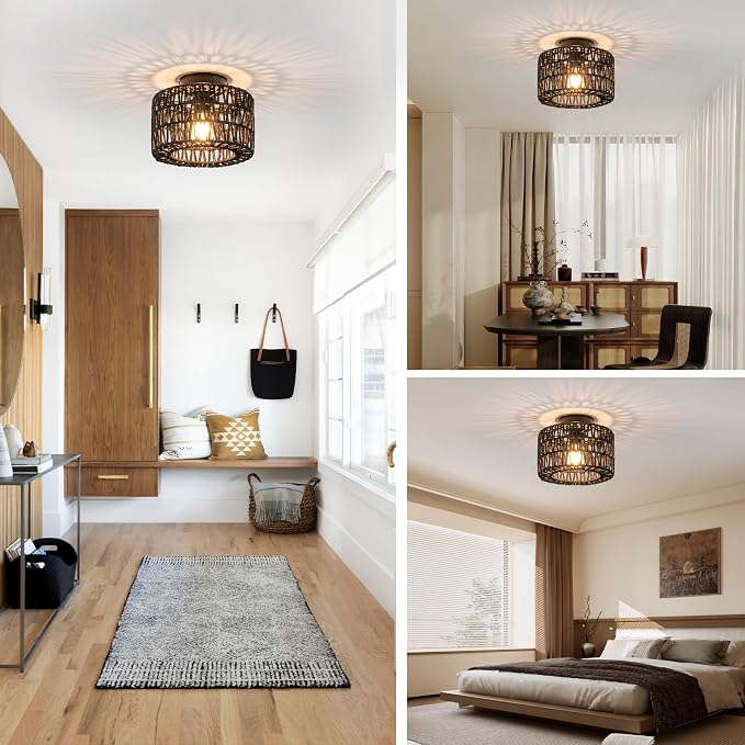 Rattan Ceiling Light, Black Flush Mount Ceiling Light, Boho Light Fixture for Bedroom Kitchen Hallway Entryway, 1 Light