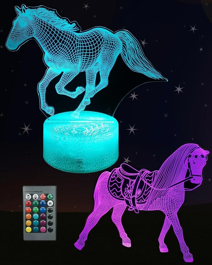 Horse 3D Illusion Night Light, 2 Patterns, Girl Gift Lamp | 16 Colors Changing, Dimmable, Touch & Remote Control, Room Bedroom Decor, Birthday Christmas Toy Stuff for Kid Teenage