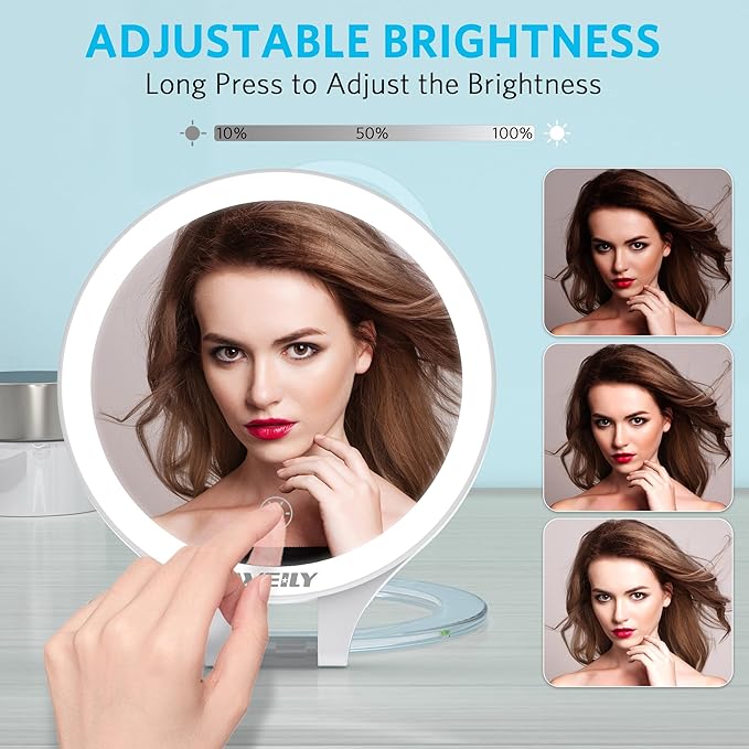 WEILY Magnifying Makeup Mirror 10X/1X, Travel Mirror with Light | Double Sided Rechargeable Mirror with 3 Color Lights for Makeup, Tweezing, Blackhead and Come Done Removal (White)