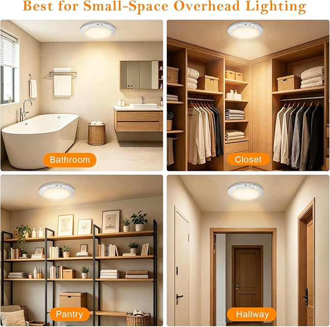 Motion Sensor Ceiling Light Battery Operated with Remote, 2 Pack Wireless Rechargeable Ceiling Lights Indoor, 3CCT Dimmable Closet Night Light for Shower Stairs Shed Hallway Porch RV and Tent
