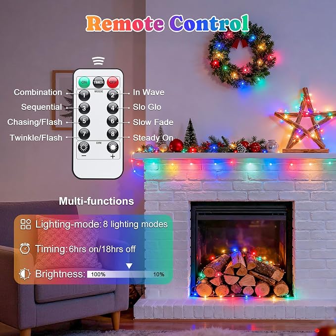 JMEXSUSS 2Pack Multicolor Fairy Lights Battery Operated for Christmas Decor | Total 200 LED 66ft, Battery Powered Christmas Lights with Remote, 8 Modes Twinkle String Light for Mantel Tree Indoor Outdoor