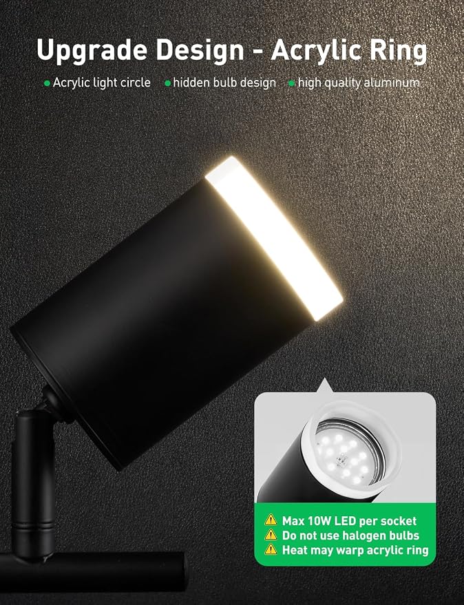 Bojim LED Track Lighting Fixtures Ceiling Mount for Kitchen, 3 Light Modern Black Track Lights with Acrylic Ring, Adjustable Spot Lights for Dinning Living Room Hallway, GU10 Base (Bulb Not Included)
