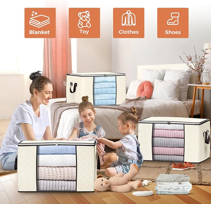 90L Large Storage Bags, 6 Pack Clothes Storage Bins Closet Organizers | Foldable Storage Containers, with Reinforced Handle, for Clothing, Blanket, Comforters, Bed Sheets, Pillows and Toys