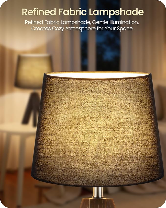 Small Table Lamp for Bedroom, 14.6" Bedside Lamp with Black Linen Shade & Walnut Wood Tripod Base, Modern Nightstand Lamp, Blak Lamp for Living Room, Nursery, Entryway, E26 Socket, VB51TL05
