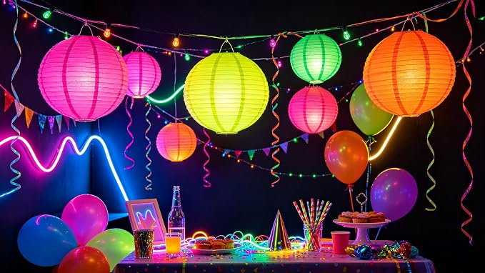 ZOOYOO Neon Paper Lanterns, 8 Pcs Hanging Glow Party Decorations,Fluorescent Round Lanterns for Blacklight Party, Birthday, Wedding and Home Decor, 8 and 10 Inch