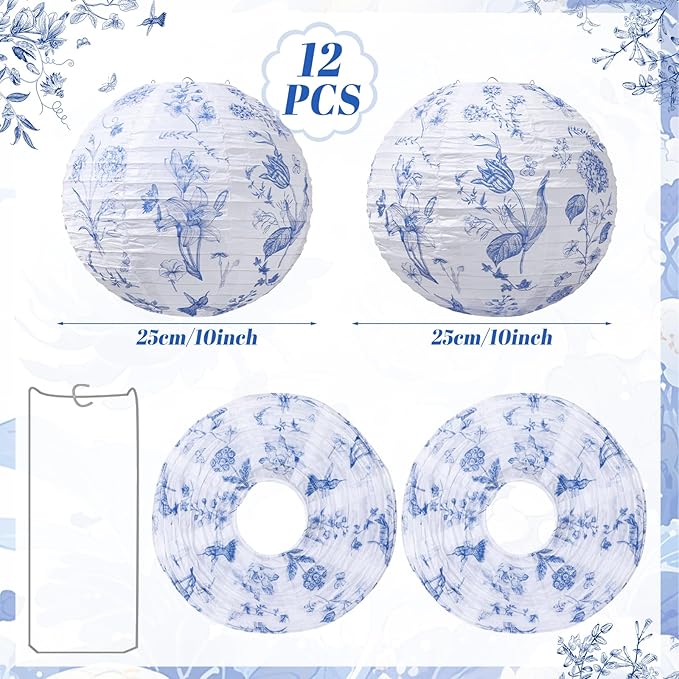 Honoson 12 Pcs Floral Paper Lanterns Blue Tea Party Decorations Flower Wildflower Spring Birthday Party Decoration 10 Inch Hanging Round Paper Lanterns for Wedding Bridal Shower Baby Shower Decor