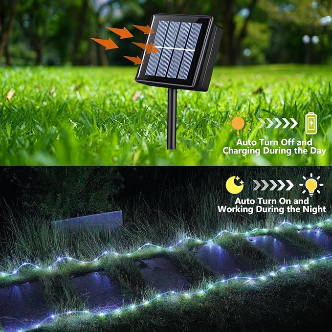 YEGUO Solar Rope Light Outdoor Waterproof, 66ft 200 LED White String Lights, 8 Modes Tube Christmas Lights in Clear Thin Tube