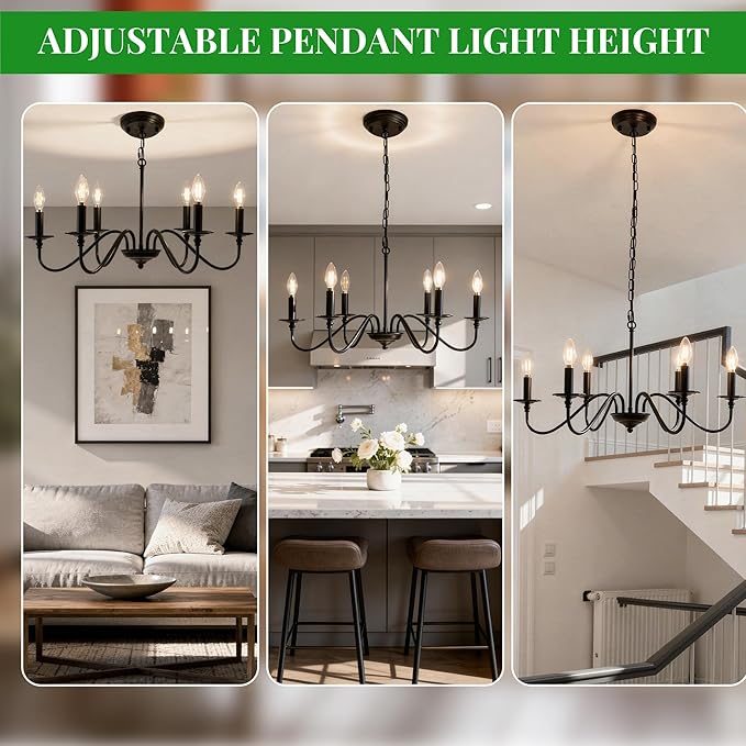 Rustic Farmhouse Candle Chandelier for Dining Room, 6-Light Rustic Black Iron Light Fixture with Classic S-Arm Design for Kitchen Island, Living Room, Foyer-Matte Black