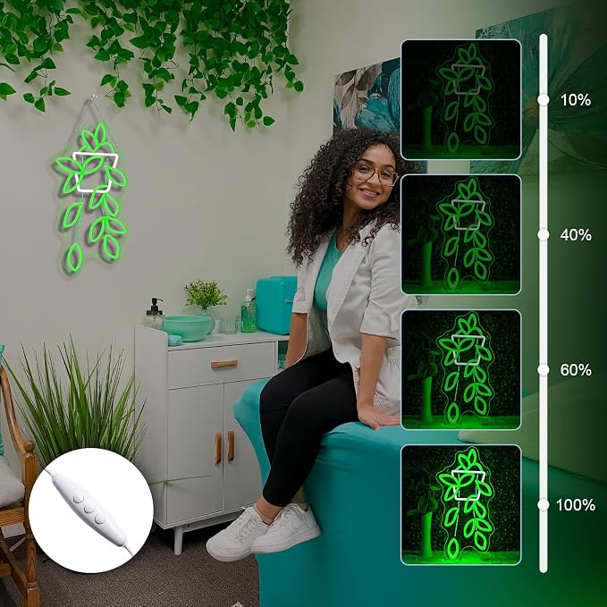 Pothos Pots Neon Sign Botanical LED Wall Decor for Plant Shops, Home Gardens & Green Spaces, USB-Powered with Adjustable Brightness Design